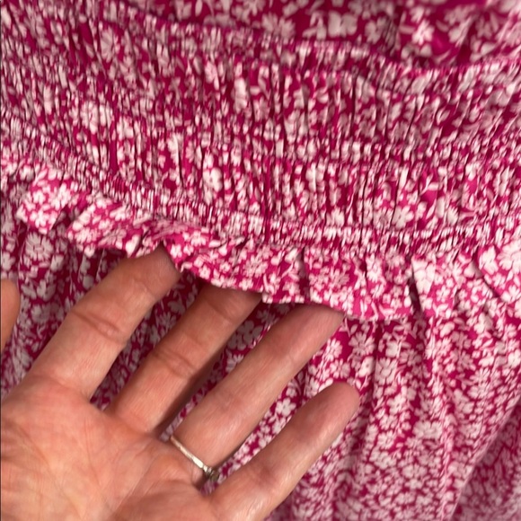 Pink Floral Ruffle Mini Dress V Neck V Back Pockets Smocked Bodice Size L Tall - Picture 11 of 16
